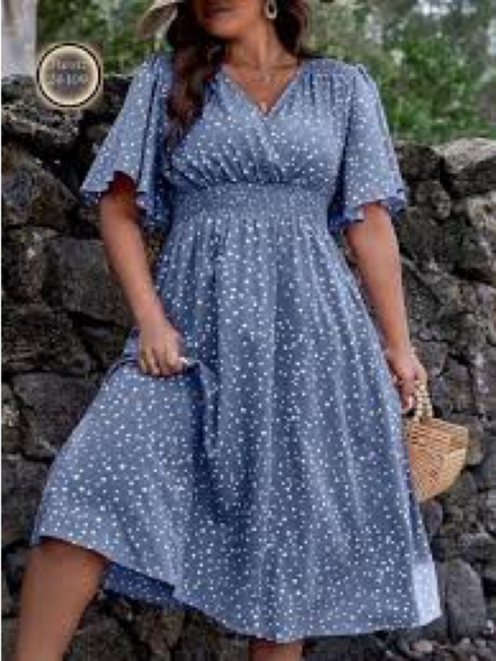 NWT bloomchic 28 Blue Polka Dot V-Neck Midi Dress